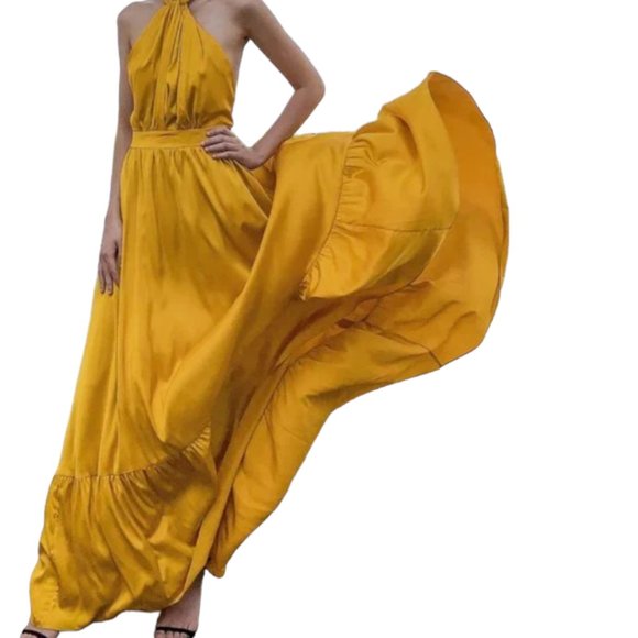 Perrin & Co Silk Serena Flowy Halter Maxi Dress, Gold, Pockets